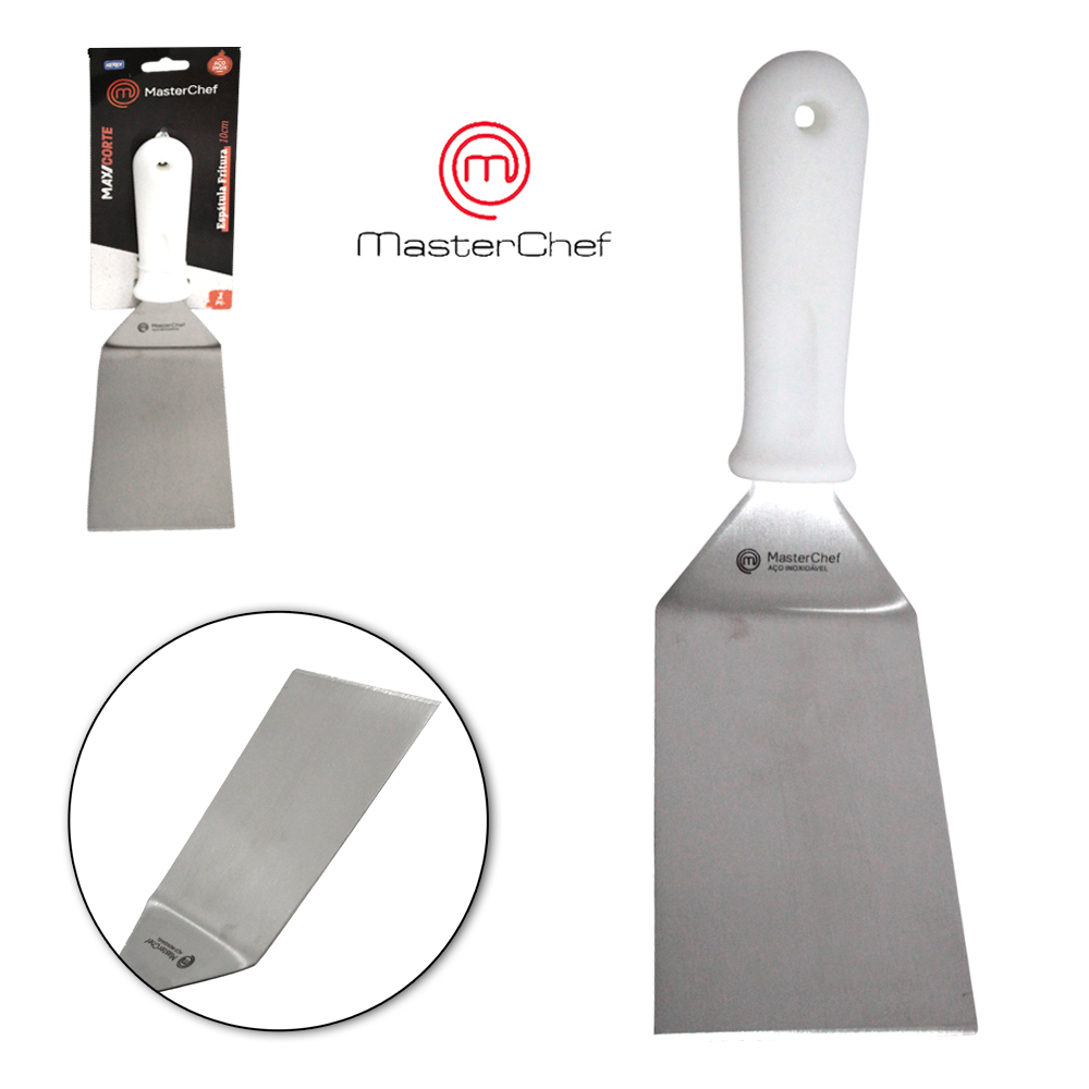 ESPATULA FRITURA DE COZINHA DEGRAU DE INOX CABO PLASTICO BRANCO MAX CORTE MASTERCHEF 27X9CM