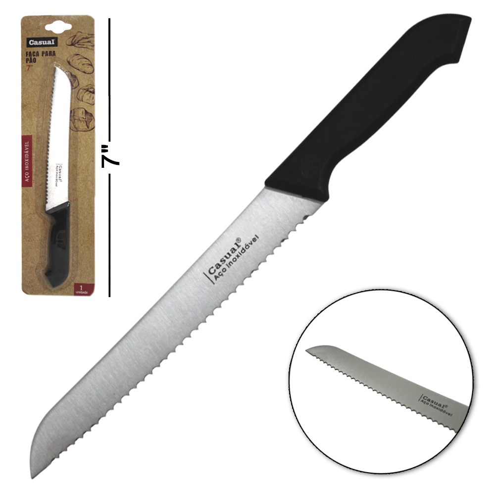 FACA DE PAO DE INOX 7'' CABO PLASTICO PRETO