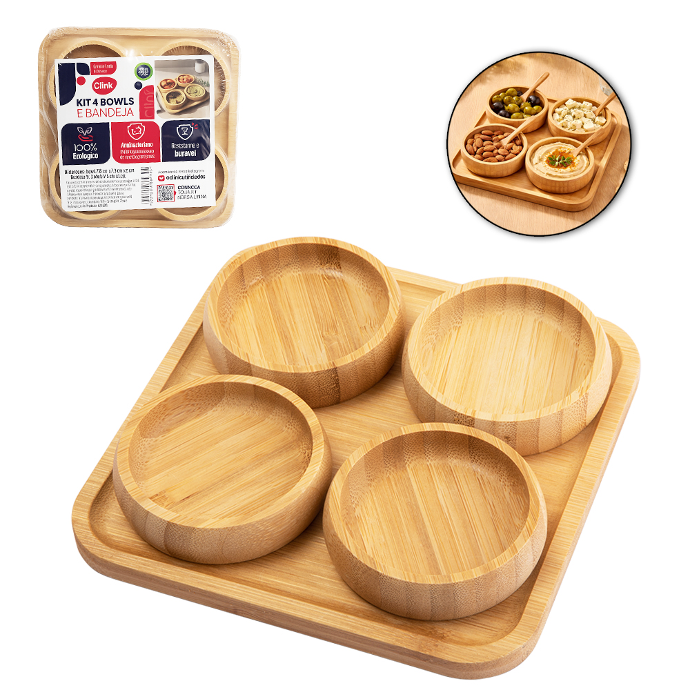 CONJUNTO PETISQUEIRA DE BAMBU COM 4 PECAS + BANDEJA