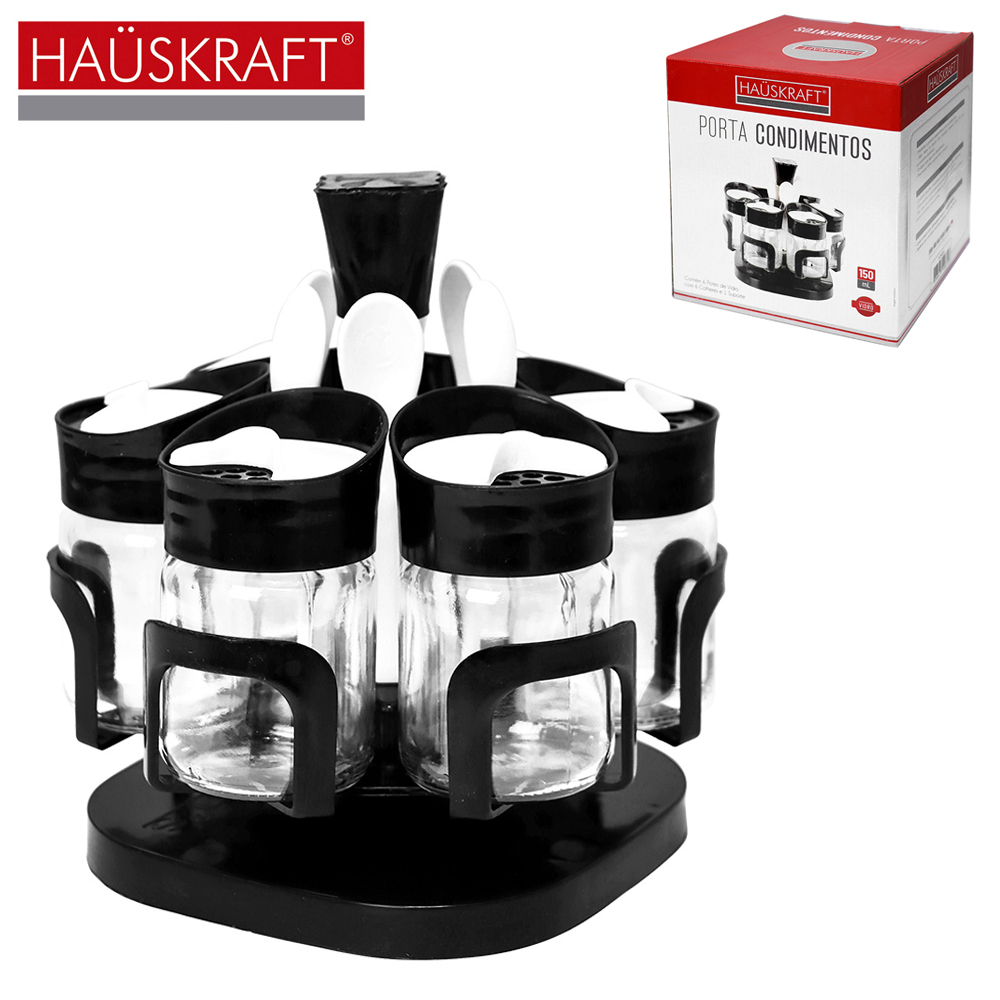 PORTA CONDIMENTO DE VIDRO 6 PECAS 150ML COM COLHER + TAMPA E SUPORTE DE PLASTICO HAUSKRAFT
