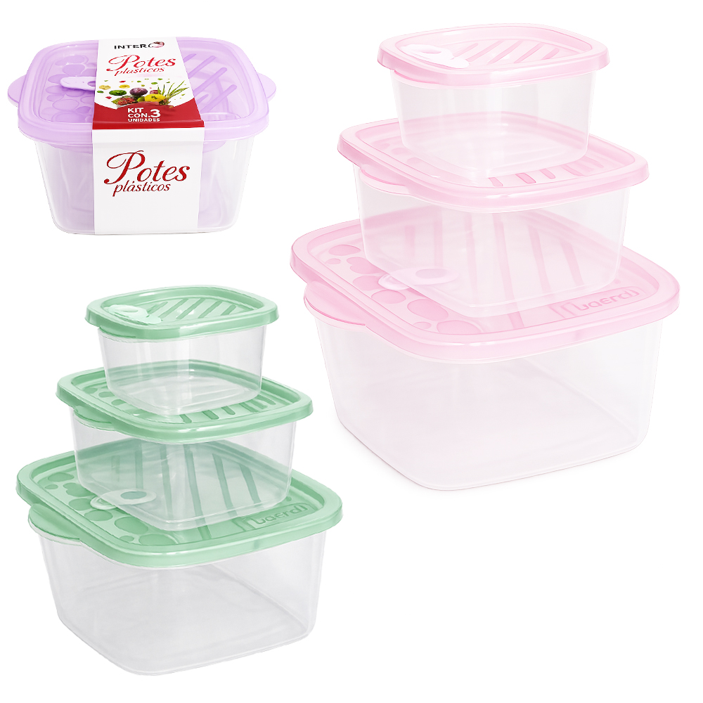 CONJUNTO DE POTE DE PLASTICO QUADRADO COM TAMPA E VALVULA INTER HOUSE 3 PECAS PMG