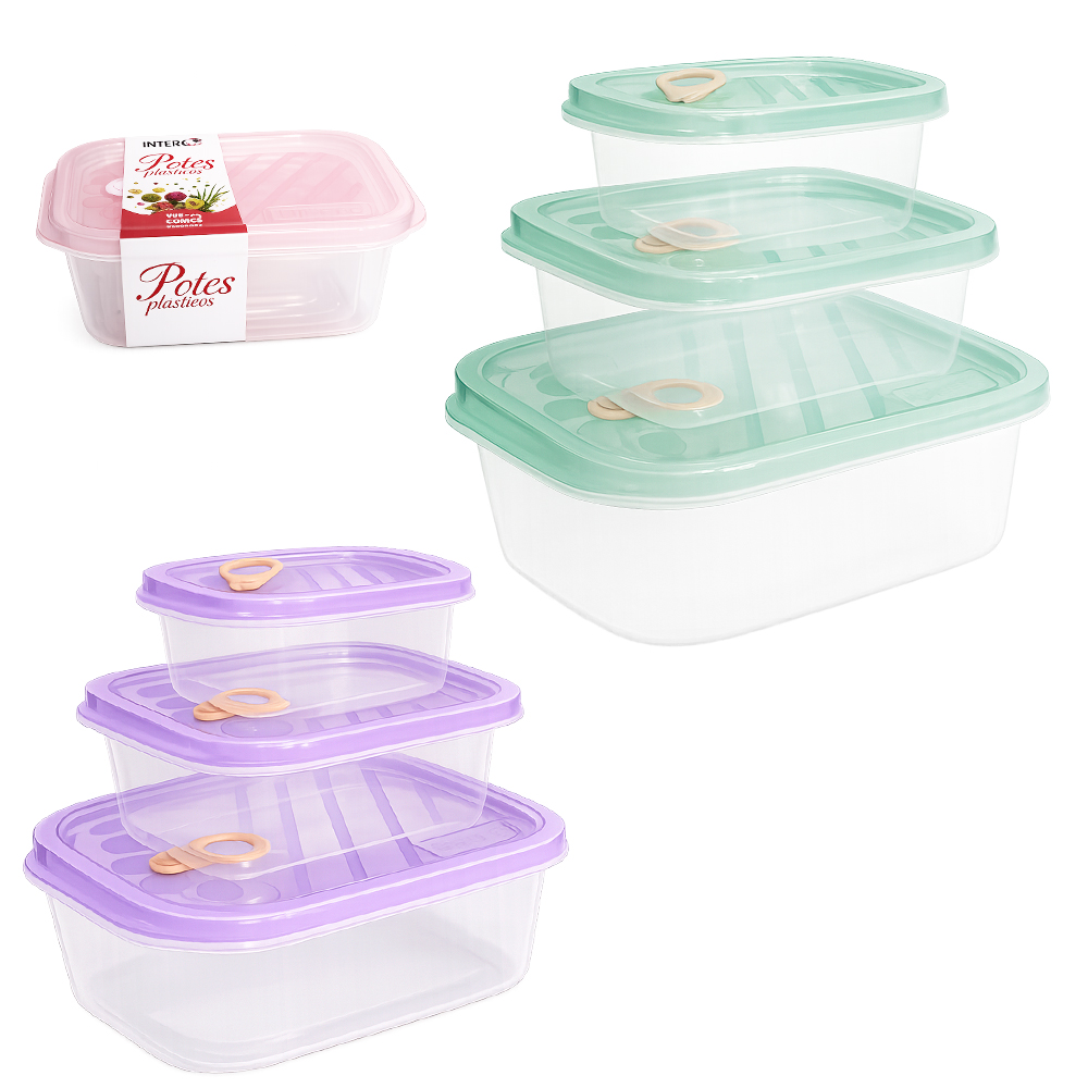 CONJUNTO DE POTE DE PLASTICO RETANGULAR COM TAMPA E VALVULA INTER HOUSE 3 PECAS PMG