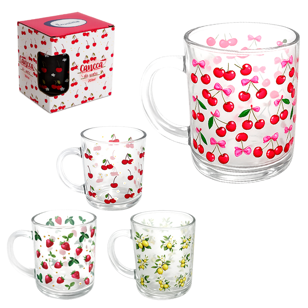CANECA XICARA DE VIDRO FRUTAS 200ML