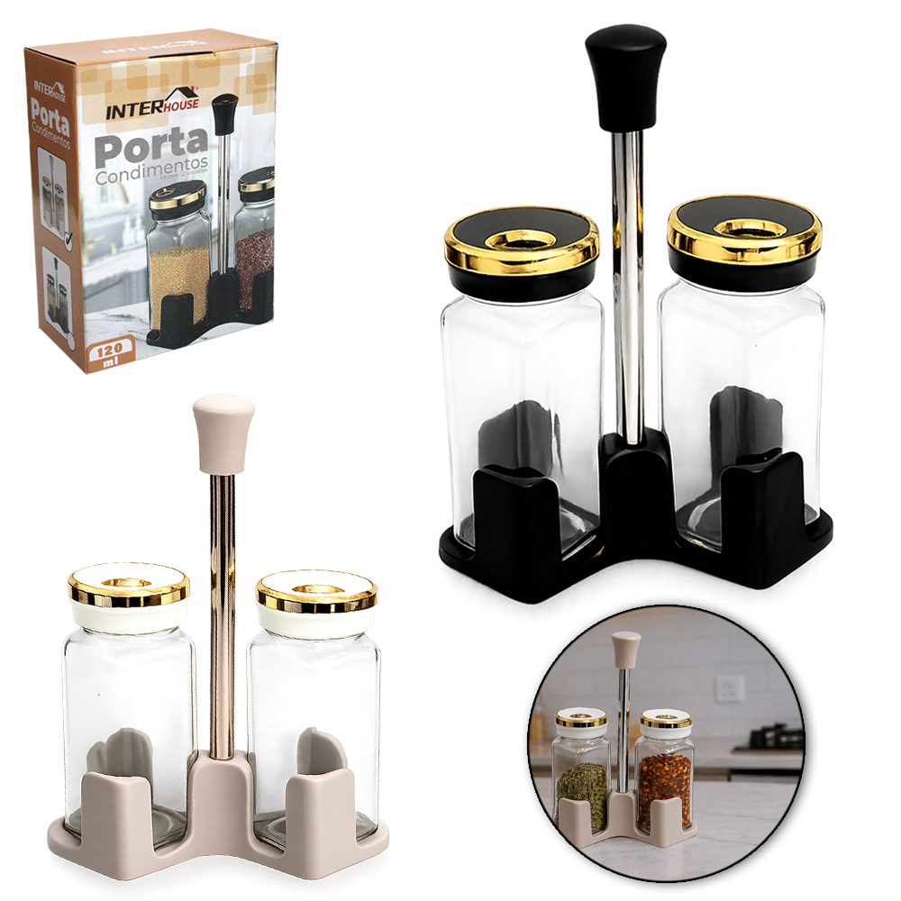 PORTA CONDIMENTO DE VIDRO 2 PECAS 120ML COM TAMPA DE INOX + SUPORTE DE PLASTICO INTER HOUSE