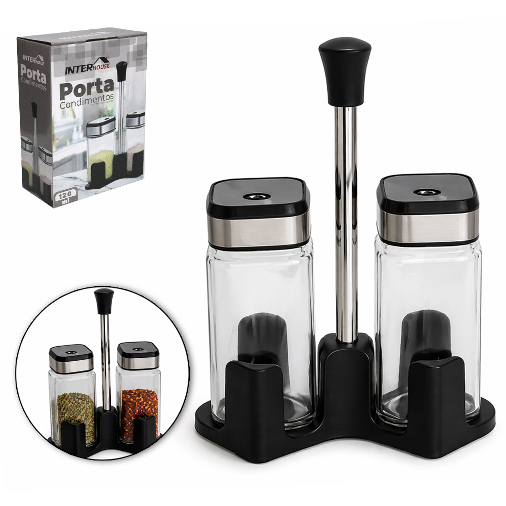 PORTA CONDIMENTO DE VIDRO 2 PECAS 120ML COM TAMPA DE INOX + SUPORTE DE PLASTICO INTER HOUSE