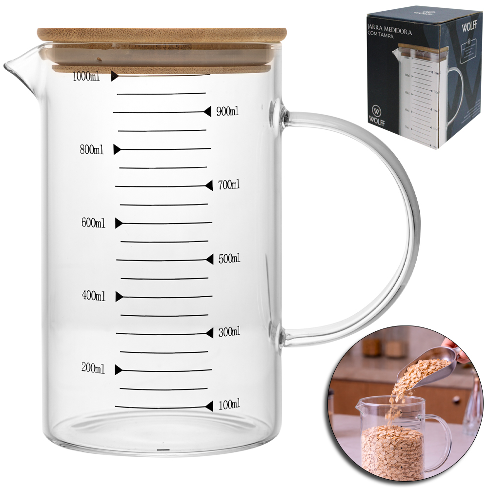 JARRA DE MEDIDA / DOSADOR GRADUADO DE VIDRO BOROSSILICATO COM TAMPA DE MADEIRA / BAMBU WOLFF 1000ML