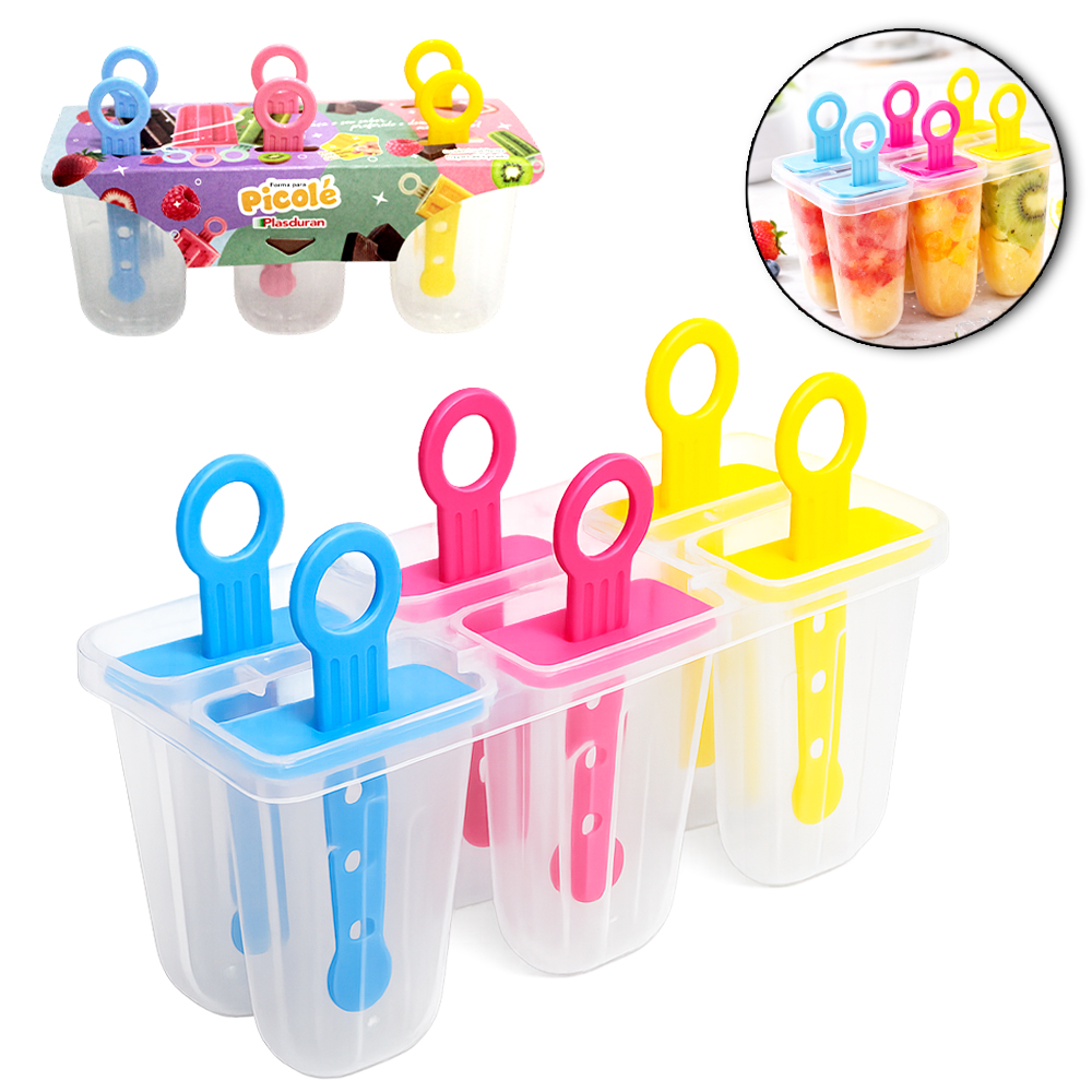FORMA DE PLASTICO PARA PICOLE / SORVETE COM 6 CAVIDADES CABO 19X11X7CM