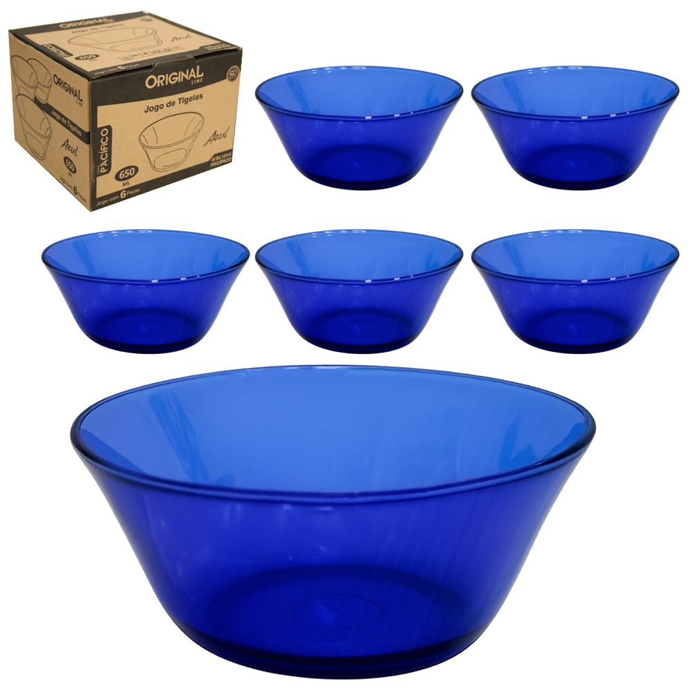 JOGO DE TIGELA DE VIDRO REDONDA PACIFICO AZUL COM 6 PECAS 650ML 16,5CM DE Ø