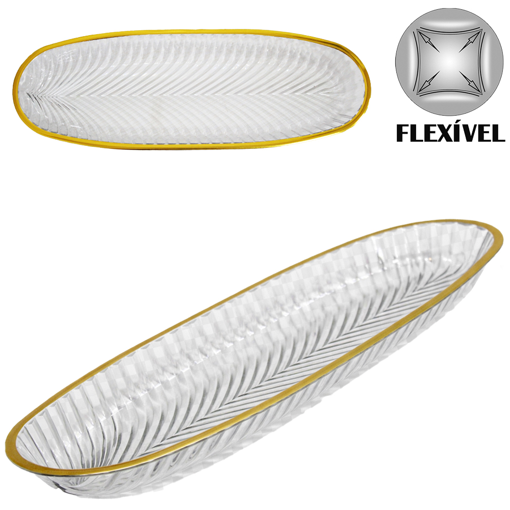 BANDEJA PETISQUEIRA DE PLASTICO PET FLEXIVEL OVAL COM BORDA DOURADA 30,5X10,5X2CM