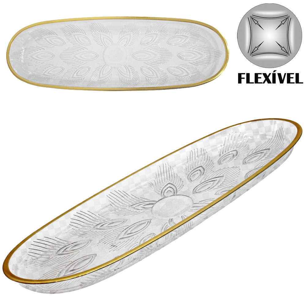 BANDEJA PETISQUEIRA DE PLASTICO PET FLEXIVEL OVAL COM BORDA DOURADA 38X13X2,5CM