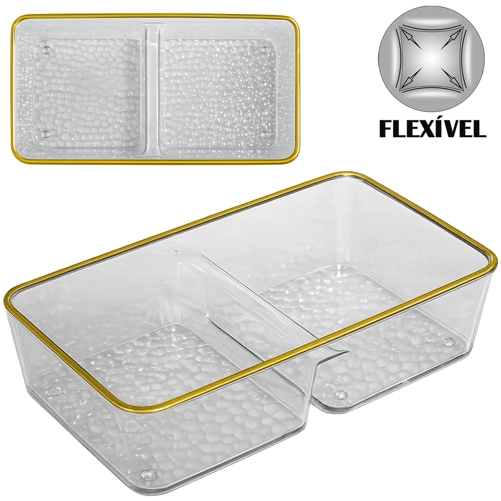 PETISQUEIRA DE PLASTICO PET FLEXIVEL RETANGULAR COM 2 DIVISORIAS + BORDA DOURADA 20X10X5CM
