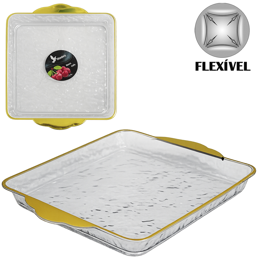 BANDEJA DE PLASTICO PET FLEXIVEL QUADRADA COM ALCA + BORDA DOURADA 22,5X19X2CM