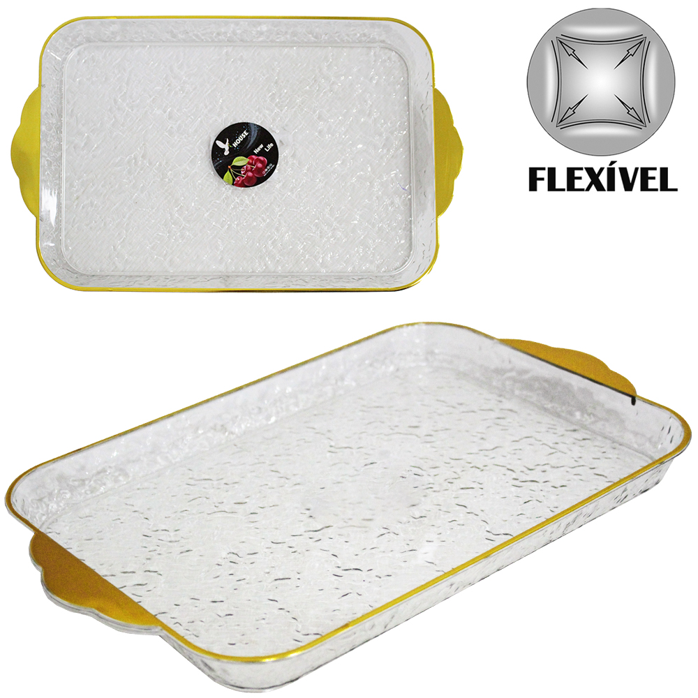 BANDEJA DE PLASTICO PET FLEXIVEL RETANGULAR COM ALCA + BORDA DOURADA 33X20,5X2,3CM
