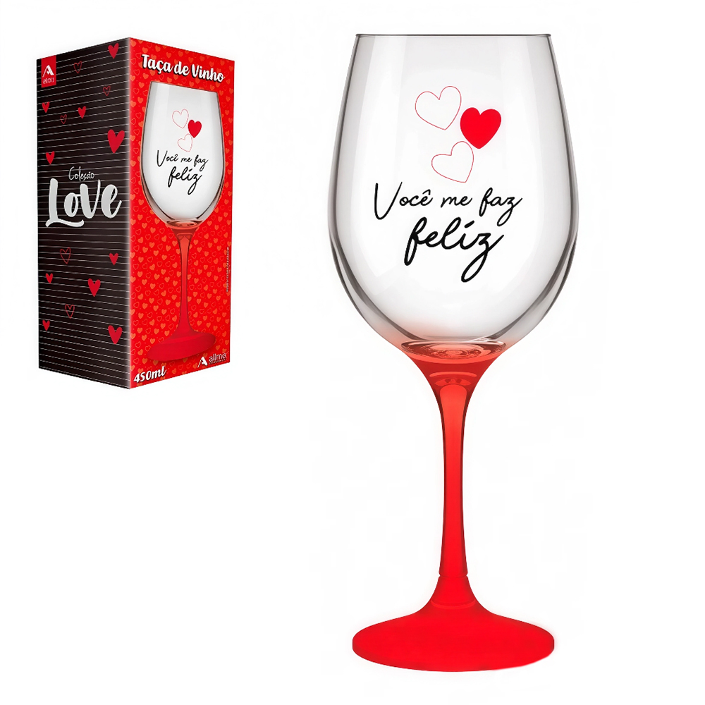 TACA DE VIDRO PARA AGUA / VINHO COLECAO LOVE VOCE ME FAZ FELIZ 450ML