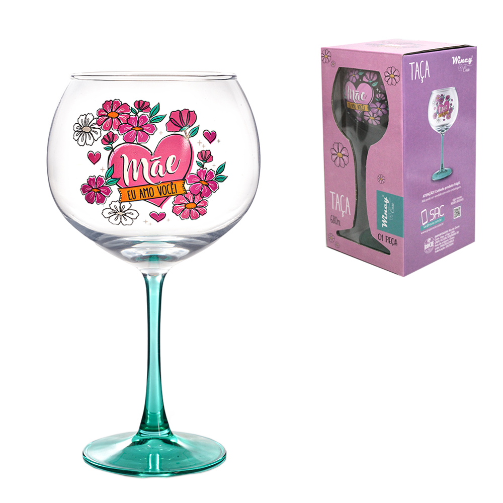 TACA DE VIDRO PARA AGUA / VINHO MAE EU AMO VOCE 680ML