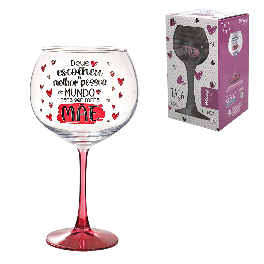 TACA DE VIDRO PARA AGUA / VINHO DEUS ESCOLHEU A MELHOR PESSOA DO MUNDO PARA SER MINHA MAE 680ML