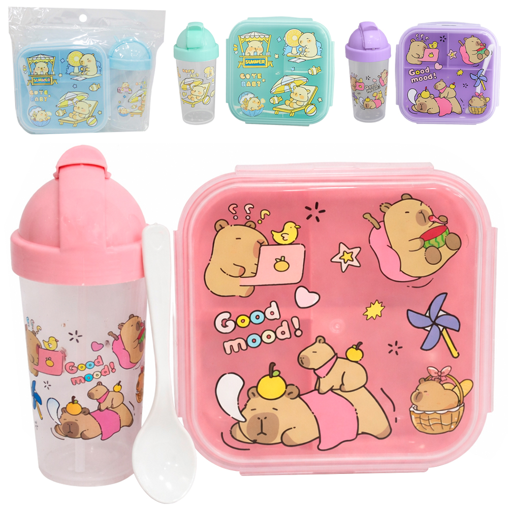 KIT ALIMENTACAO / PAPINHA VIAGEM MARMITA DE PLASTICO QUADRADA COM TAMPA + COLHER E COPO 300ML