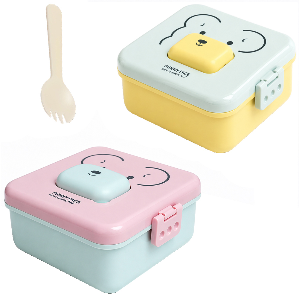 MARMITA DE PLASTICO QUADRADO FUNNY FACE COM 2 DIVISORIAS + COLHER GARFO E TRAVA LATERAL 17X15,5X8CM
