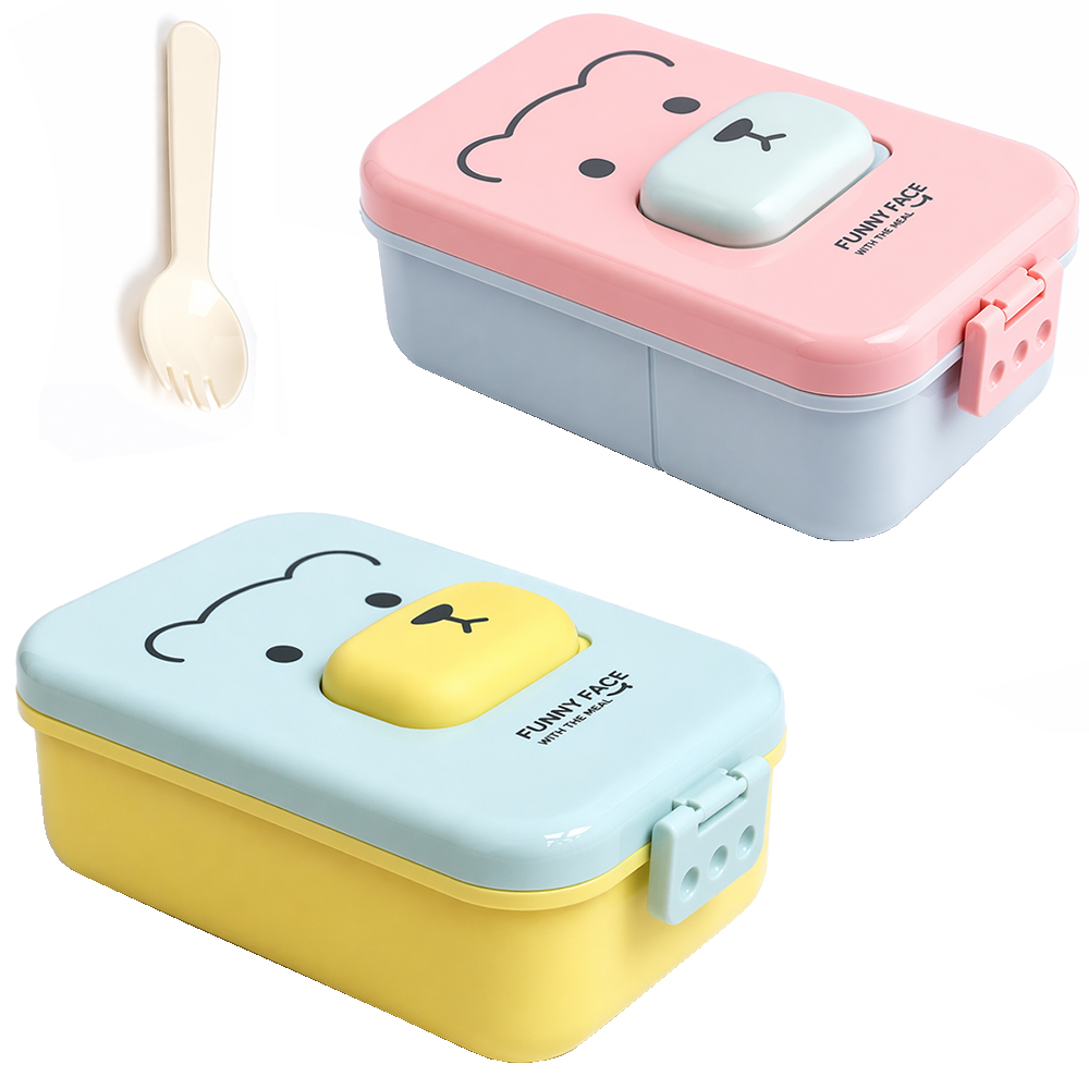 MARMITA DE PLASTICO RETANGULAR FUNNY FACE COM 2 DIVISORIAS + COLHER GARFO E TRAVA LATERAL 22X12X8CM
