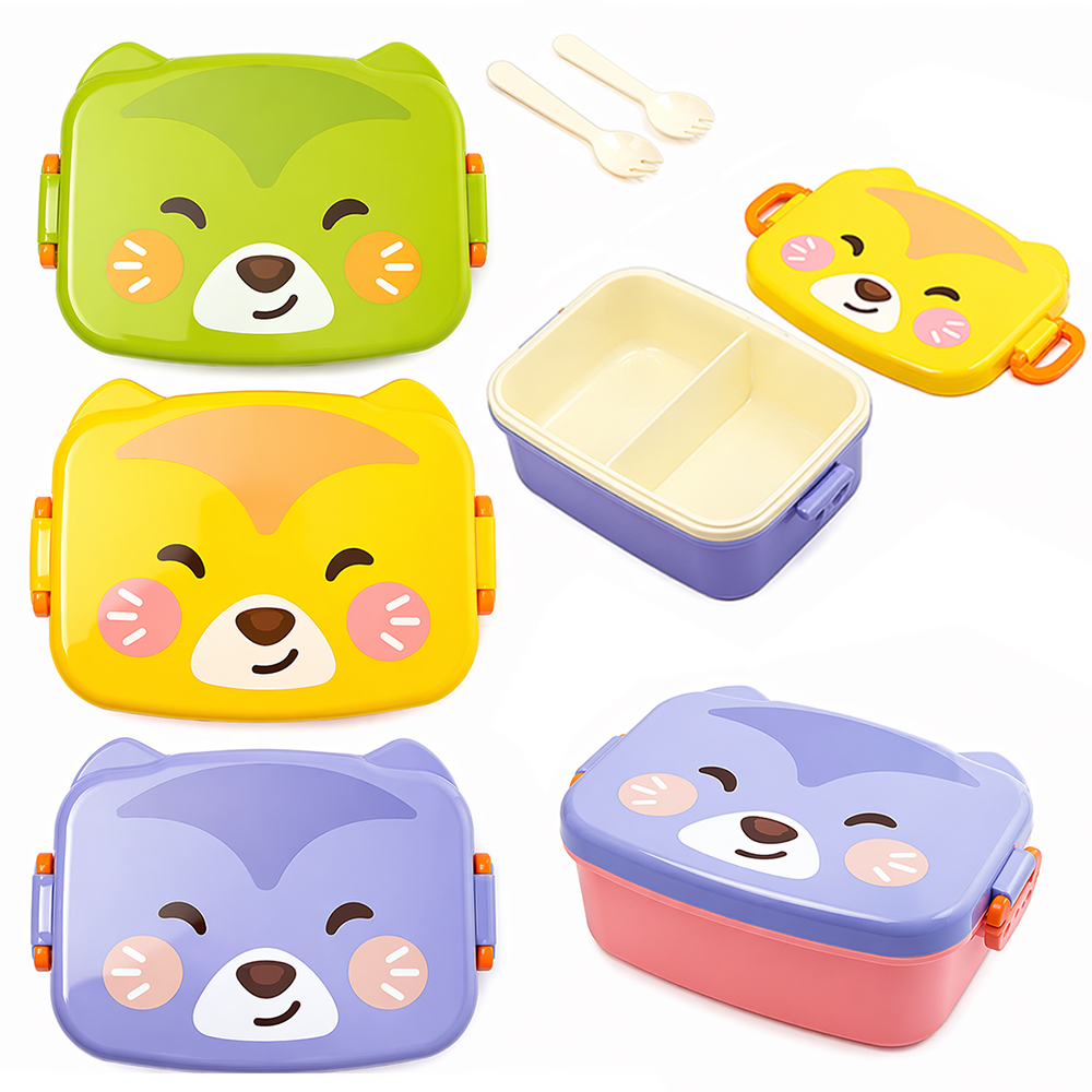 MARMITA DE PLASTICO RETANGULAR BICHINHO COM BANDEJA + COLHER + GARFO E TRAVA LATERAL 17X12X7CM