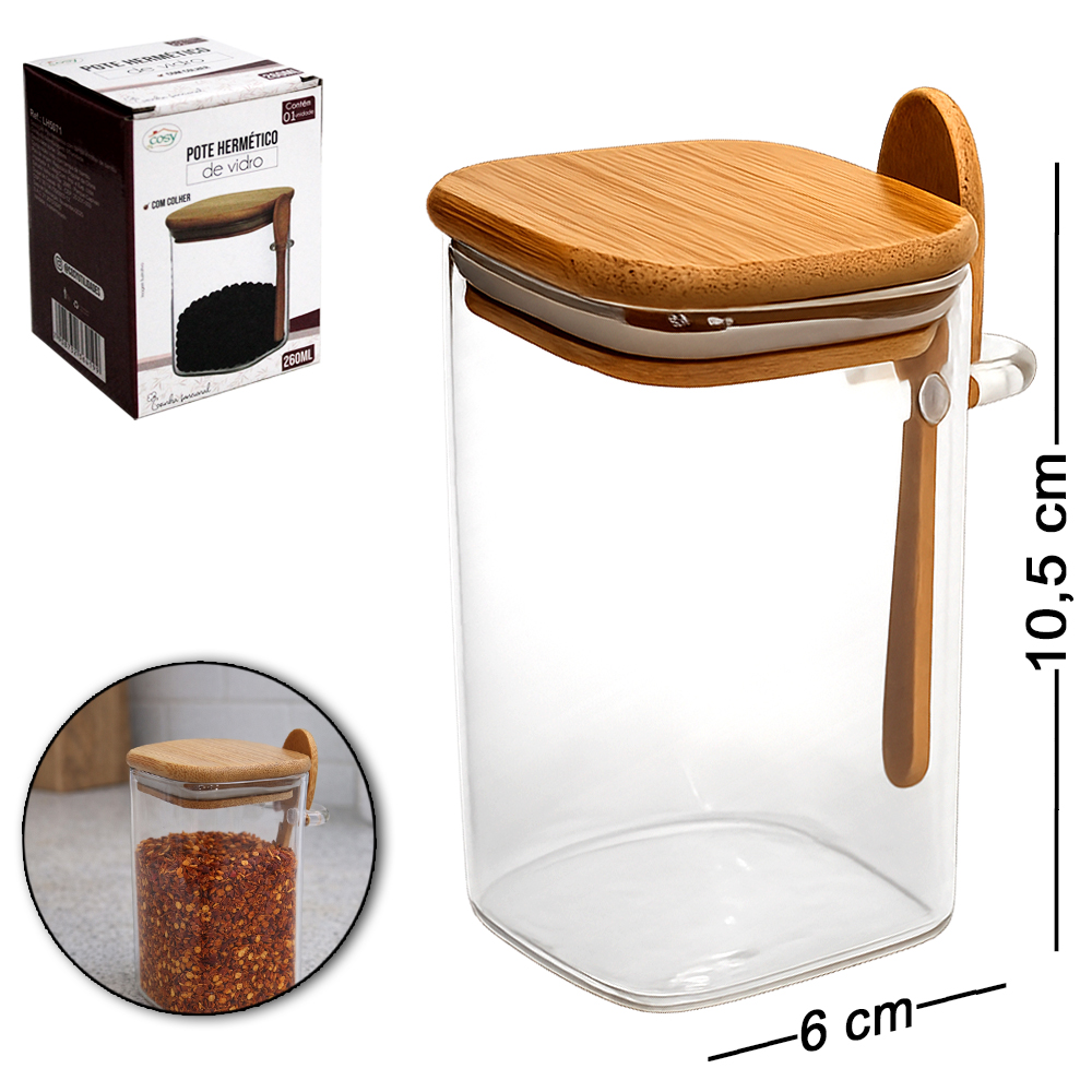 POTE DE VIDRO BOROSSILICATO LISO QUADRADO COM ALCA + COLHER E TAMPA HERMETICA MADEIRA / BAMBU 260ML