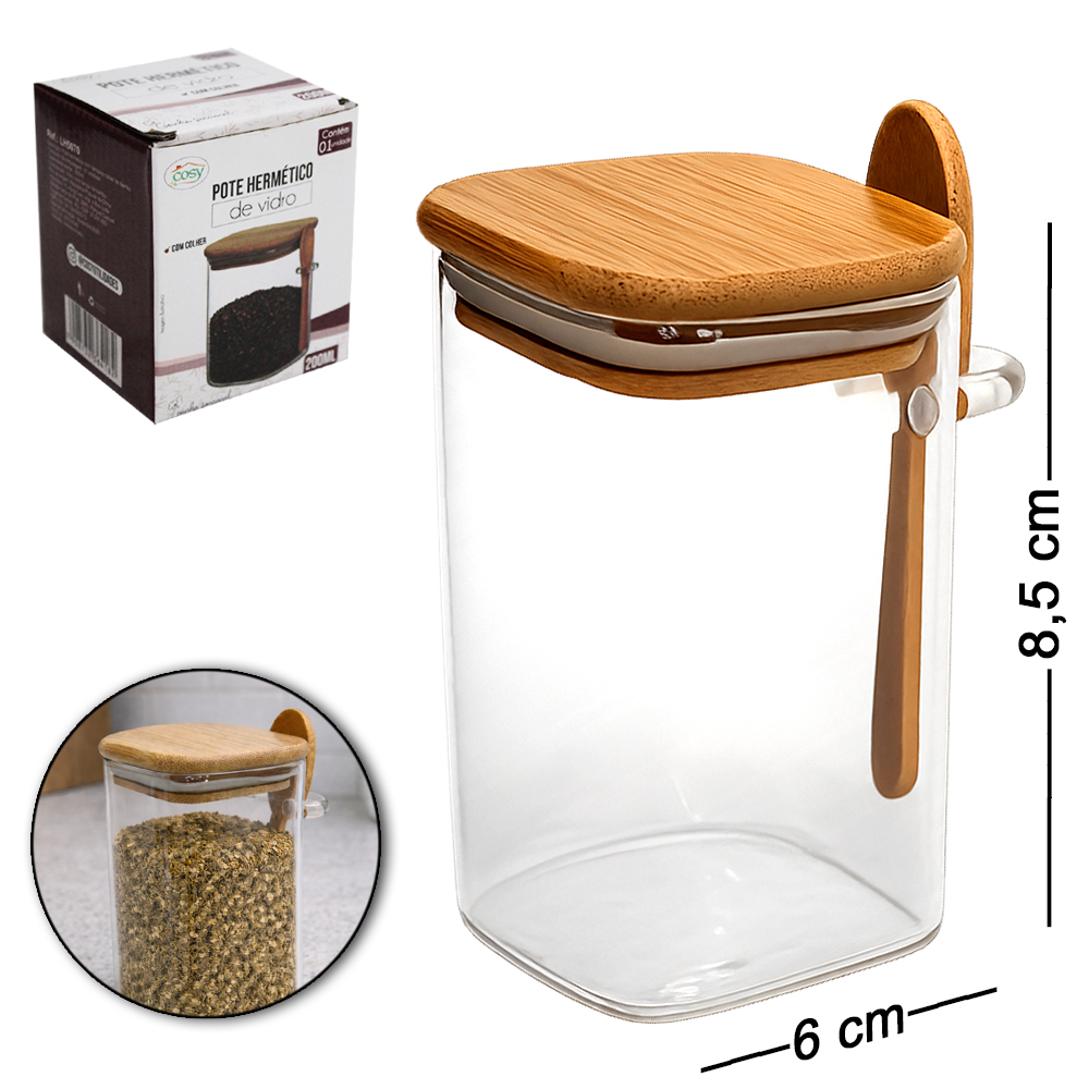 POTE DE VIDRO BOROSSILICATO LISO QUADRADO COM ALCA + COLHER E TAMPA HERMETICA MADEIRA / BAMBU 200ML