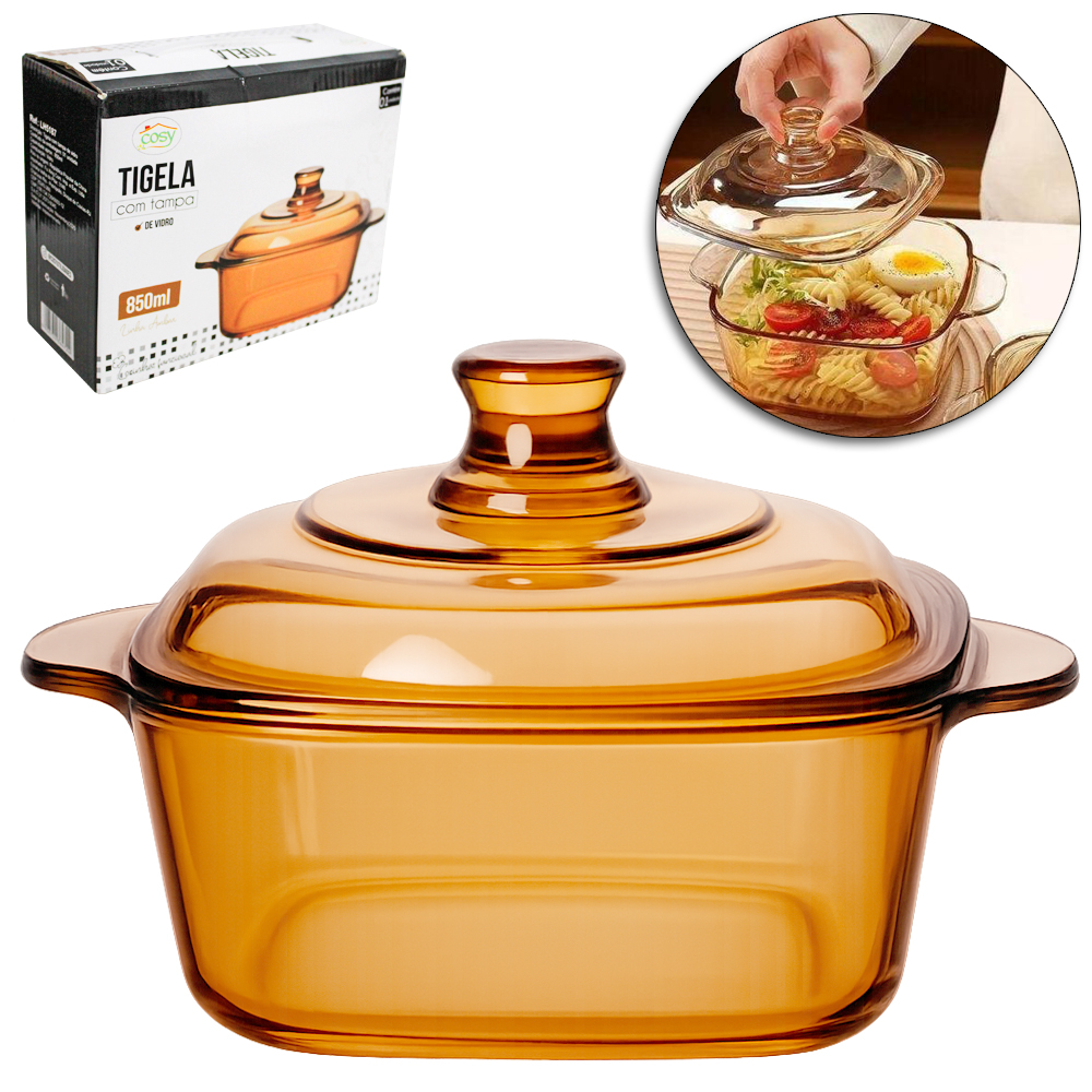 TIGELA DE VIDRO AMBAR QUADRADA COM TAMPA 850ML