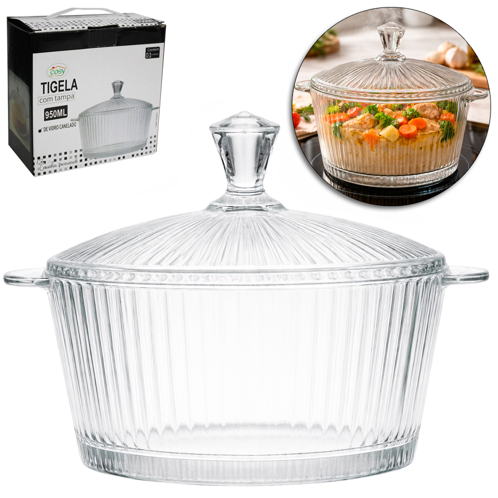 TIGELA DE VIDRO CANELADA REDONDA COM TAMPA 950ML