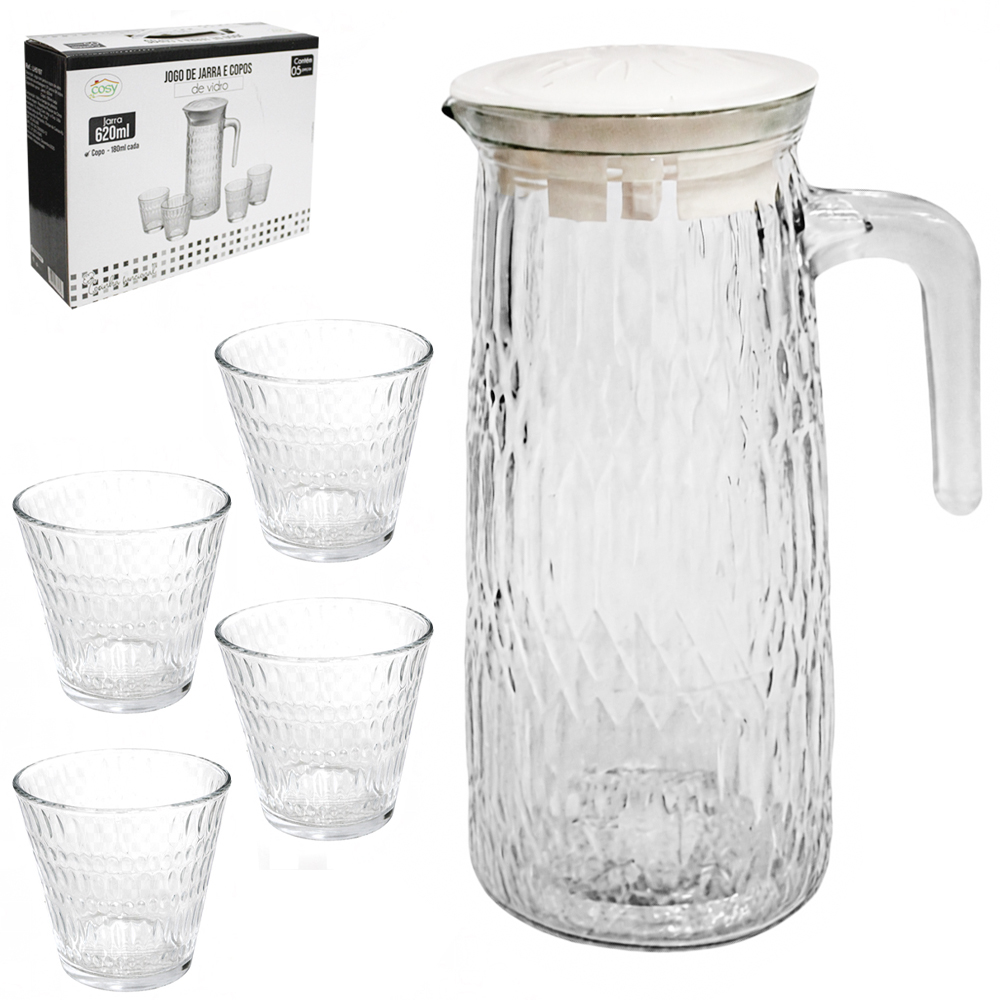 JARRA DE VIDRO 620ML COM TAMPA DE PLASTICO + 4 COPOS 180ML