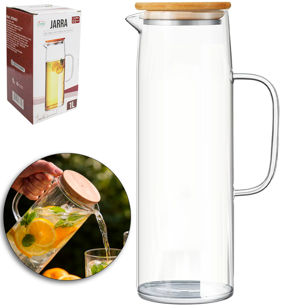 JARRA DE VIDRO BOROSSILICATO COM TAMPA HERMETICA DE MADEIRA / BAMBU 1L