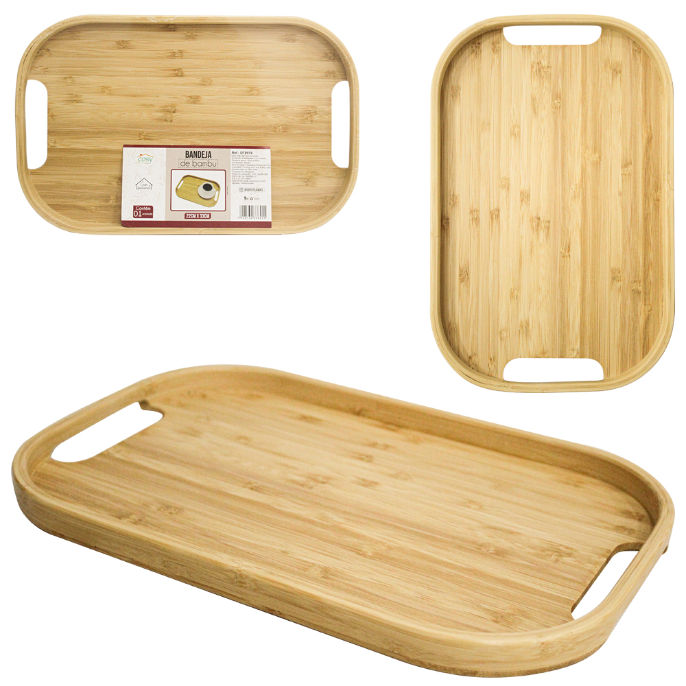 BANDEJA DE BAMBU E MDF RETANGULAR DECORATIVA COM ALCA DECOR 33X22X2CM