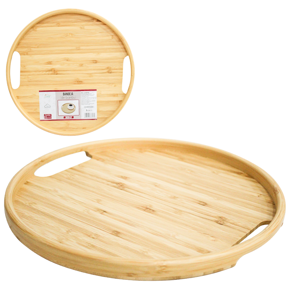 BANDEJA DE BAMBU E MDF REDONDA DECORATIVA COM ALCA DECOR 2X30CM DE Ø