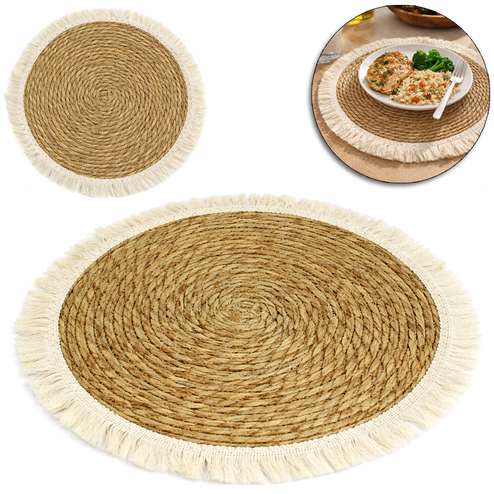 TOALHA LUGAR AMERICANO REDONDA FIBRAS NATURAIS COM FRANJA ALGODAO 38CM DE Ø