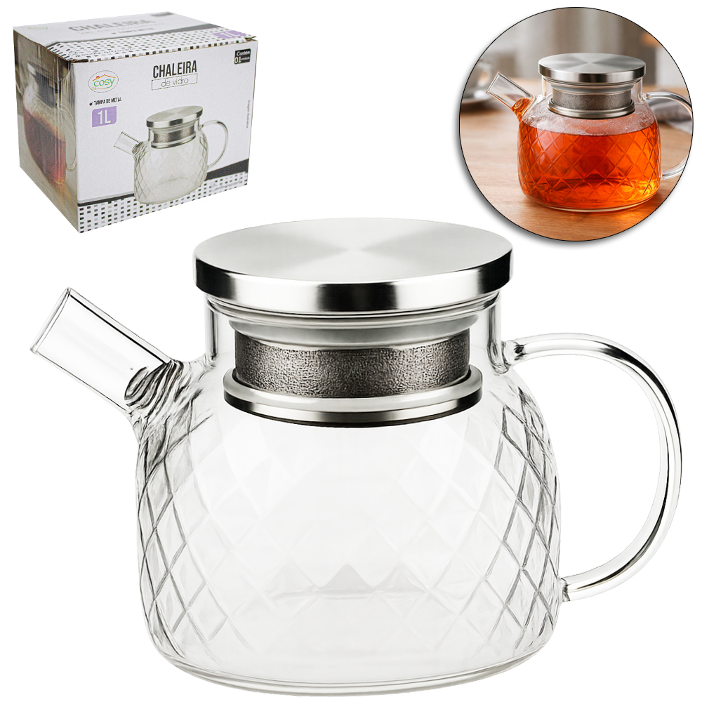 CHALEIRA VIDRO BOROSSILICATO COM COADOR INOX NO BICO + TAMPA INOX 1L