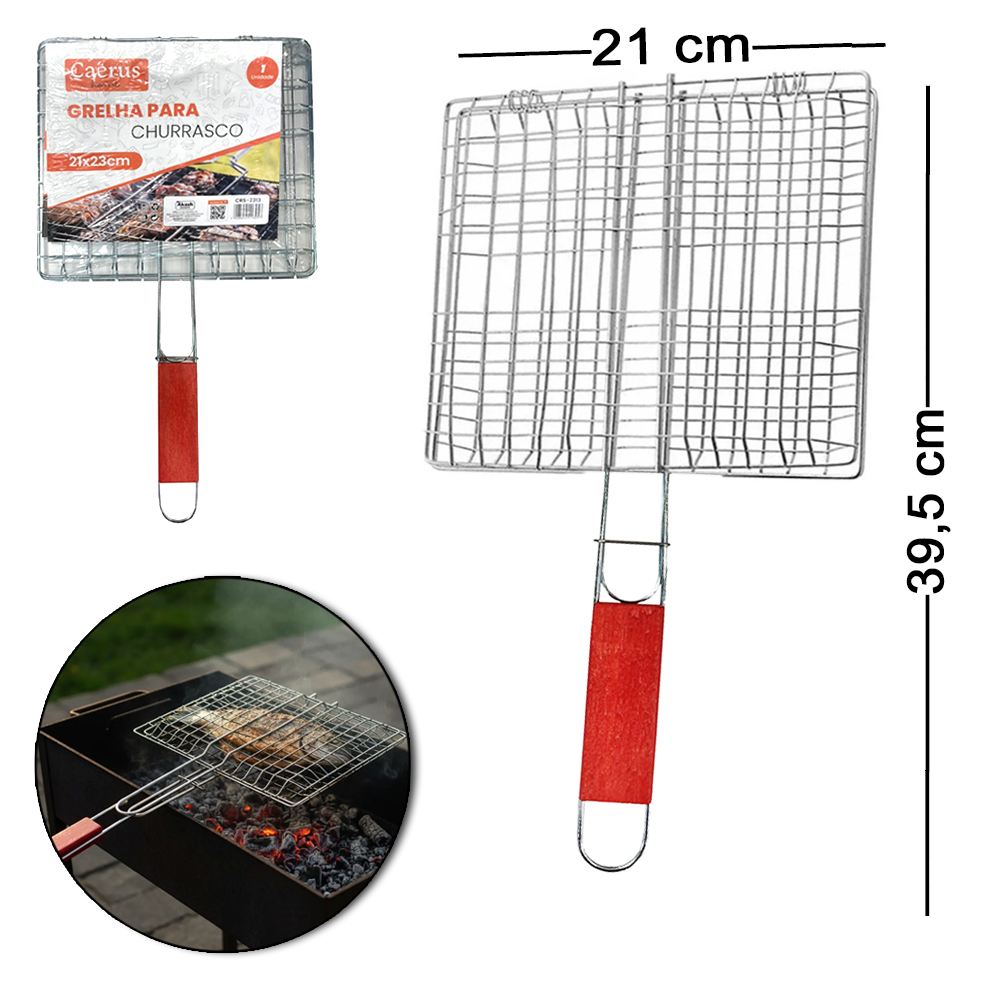 GRELHA ARAMADO PARA CHURRASCO CABO MADEIRA 39,5X21X1,5CM