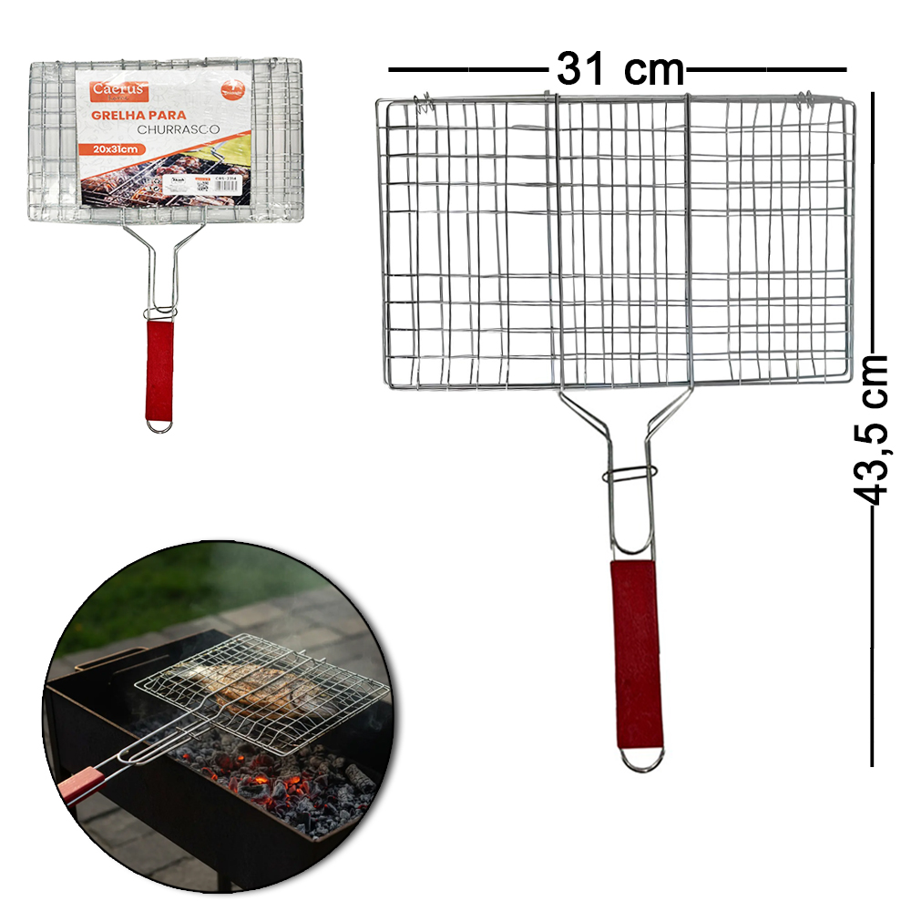 GRELHA ARAMADO PARA CHURRASCO CABO MADEIRA 43,5X31X1,5CM