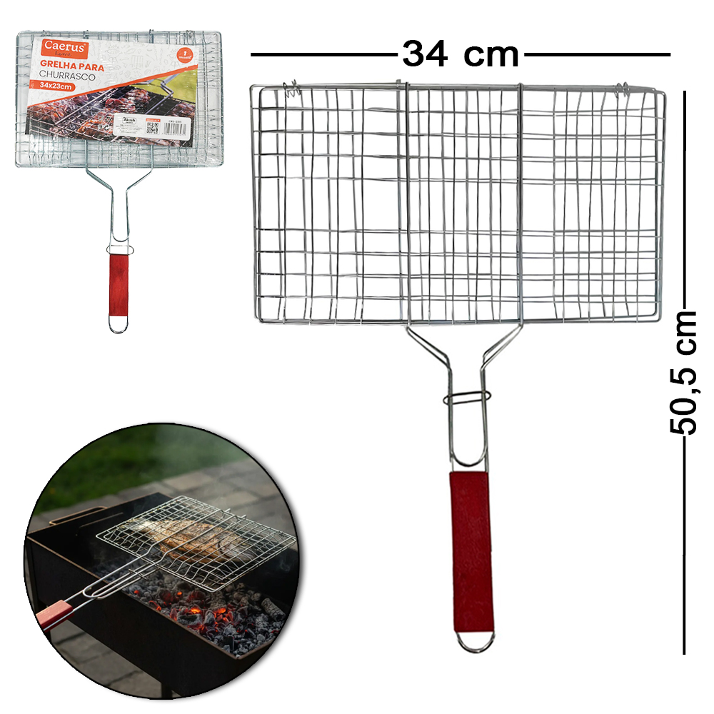 GRELHA ARAMADO PARA CHURRASCO CABO MADEIRA 50,5X34X1,5CM