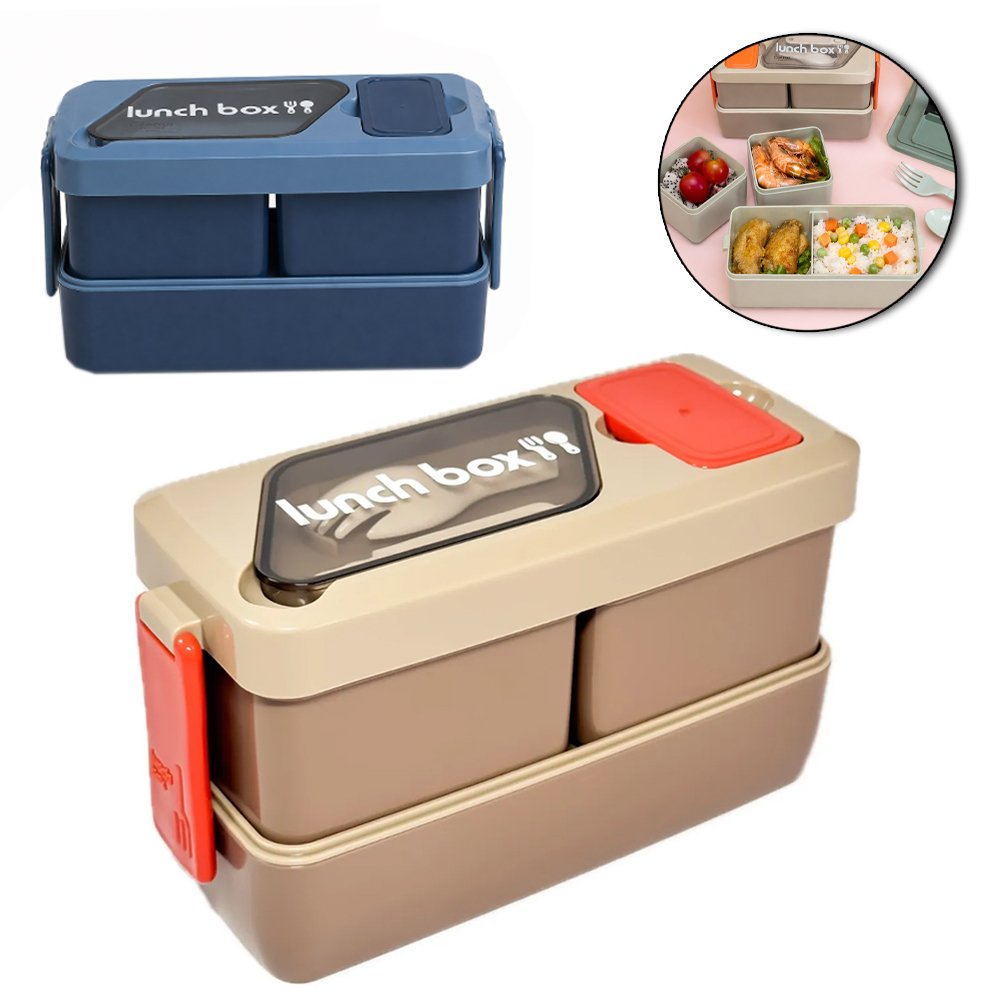 LANCHEIRA MARMITA DE PLASTICO RETANGULAR DUPLA COM BANDEJA + MOLHEIRA E COLHER GARFO LUNCH BOX