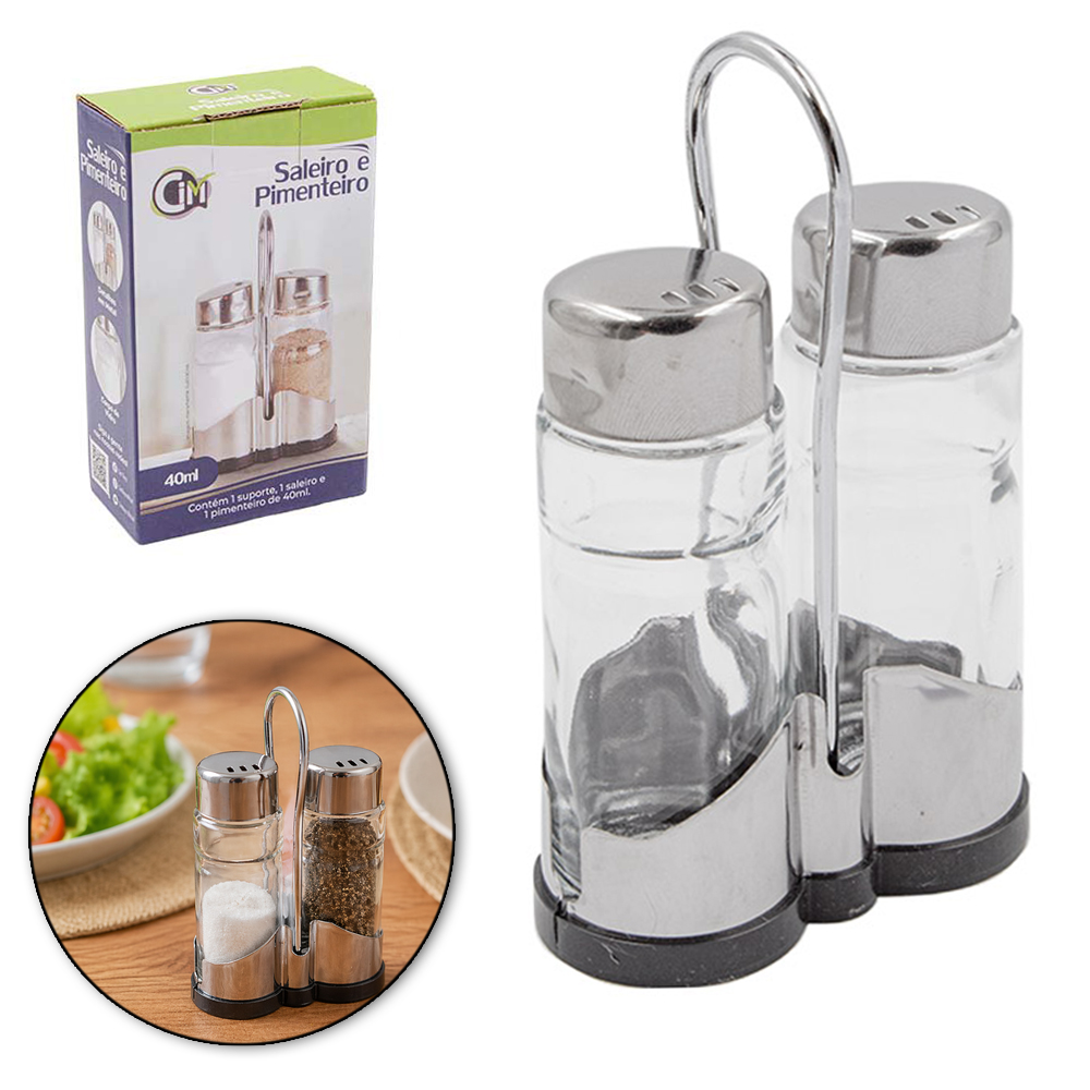 PORTA CONDIMENTO DE VIDRO COM 2 PECAS 40ML + SUPORTE DE PLASTICO / INOX