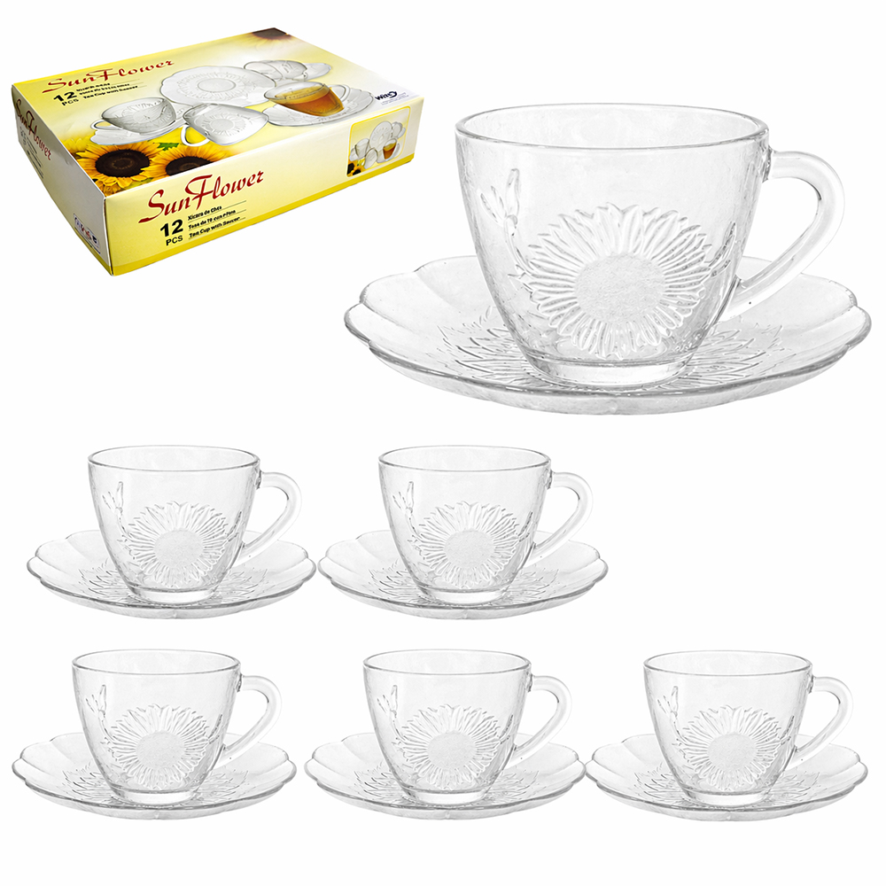 JOGO DE XICARA DE VIDRO COM PIRES PARA CHA SUN FLOWER COM 12 PECAS 210ML