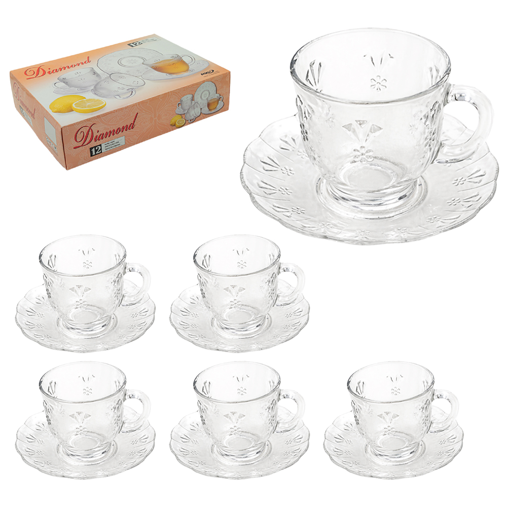JOGO DE XICARA DE VIDRO COM PIRES PARA CHA DIAMOND COM 12 PECAS 220ML