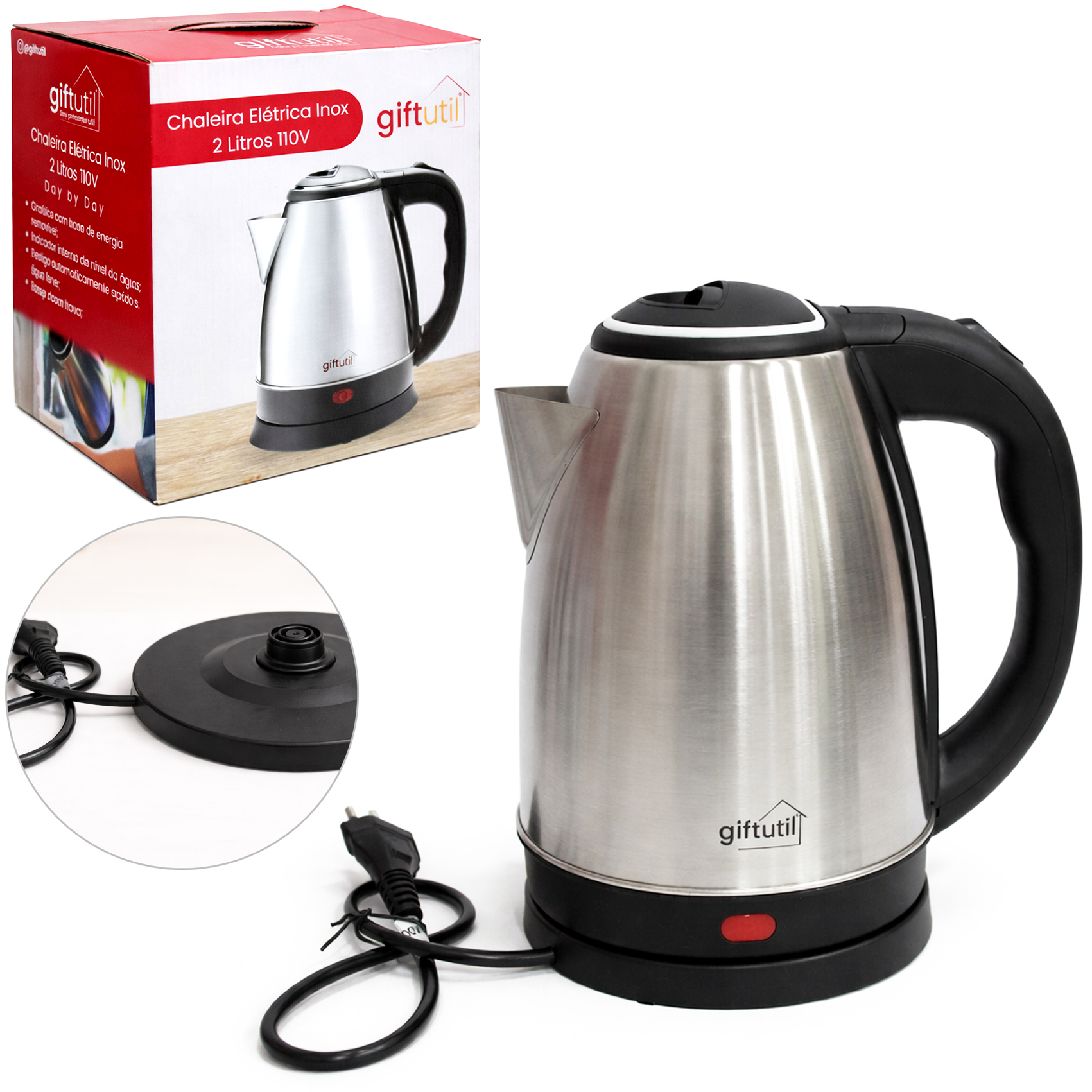 CHALEIRA JARRA ELETRICA DE INOX COM BASE REMOVIVEL + ALCA E LED INDICATIVO 2L 127V