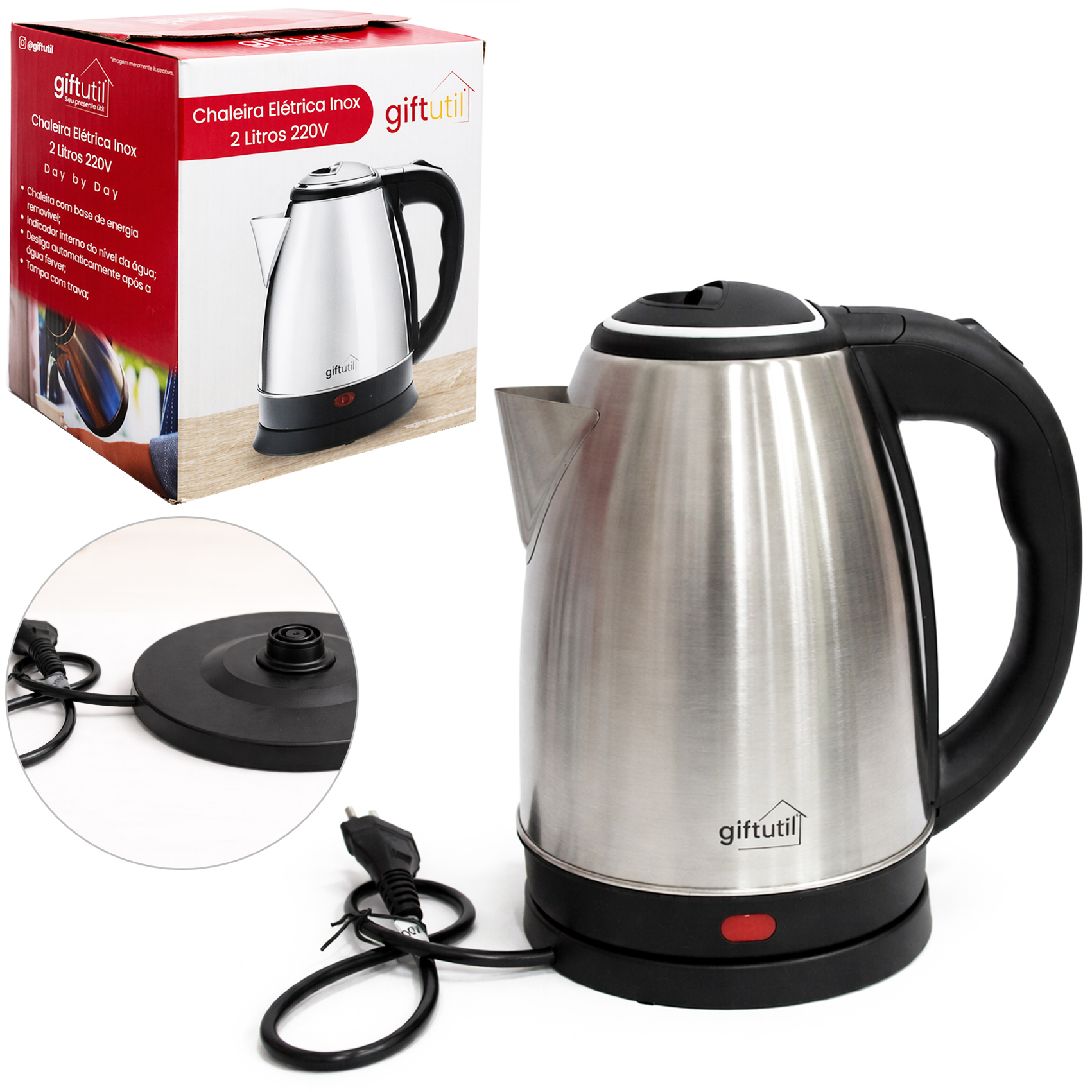 CHALEIRA JARRA ELETRICA DE INOX COM BASE REMOVIVEL + ALCA E LED INDICATIVO 2L 220V