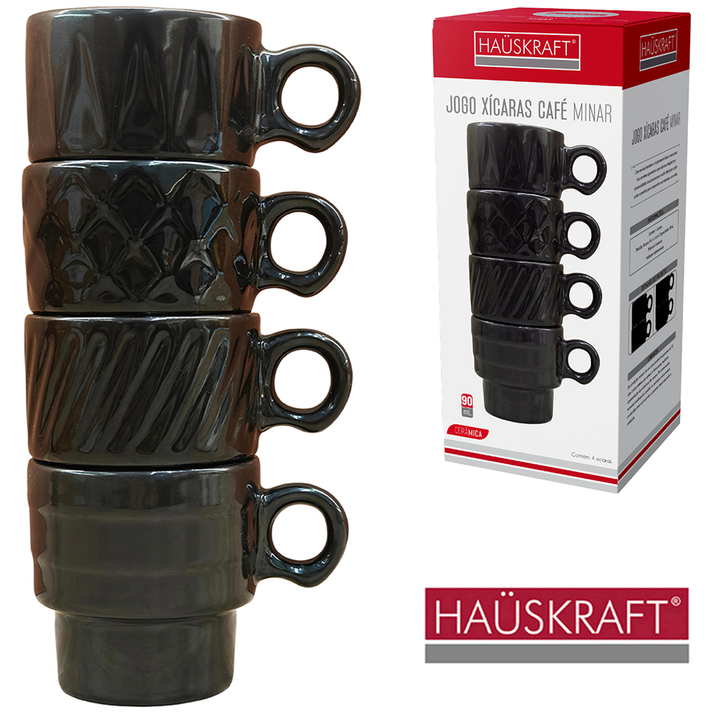 JOGO DE XICARA DE PORCELANA EMPILHAVEL PARA CAFE MINAR HAUSKRAFT PRETO COM 4 PECAS 90ML 