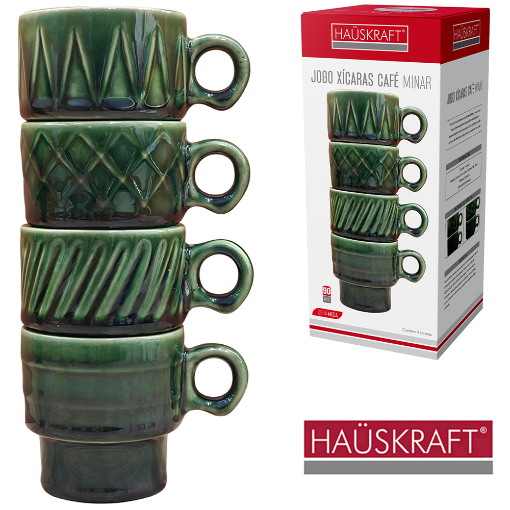JOGO DE XICARA DE PORCELANA EMPILHAVEL PARA CAFE MINAR HAUSKRAFT VERDE COM 4 PECAS 90ML