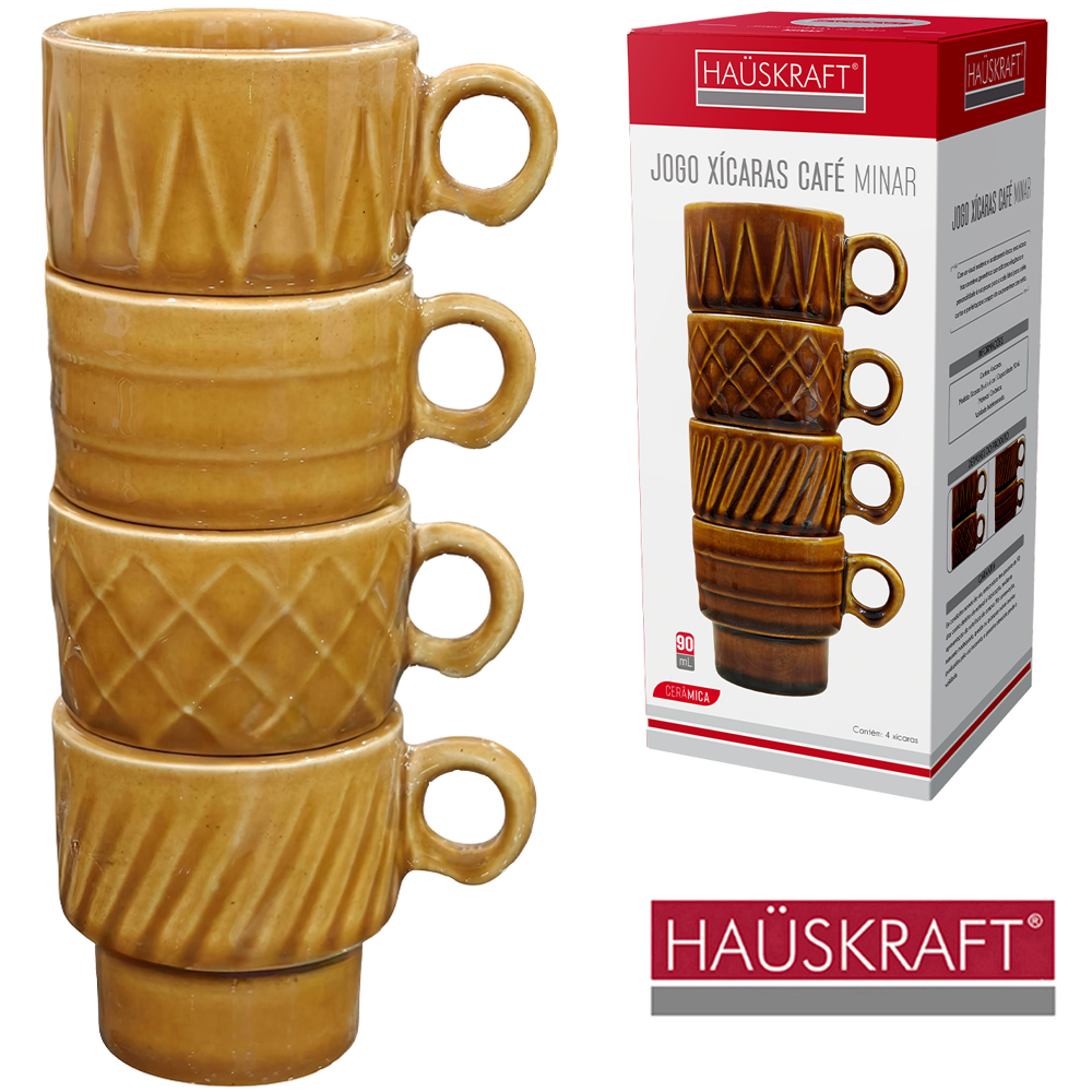 JOGO DE XICARA DE PORCELANA EMPILHAVEL PARA CAFE MINAR HAUSKRAFT TERRACOTA COM 4 PECAS 90ML 
