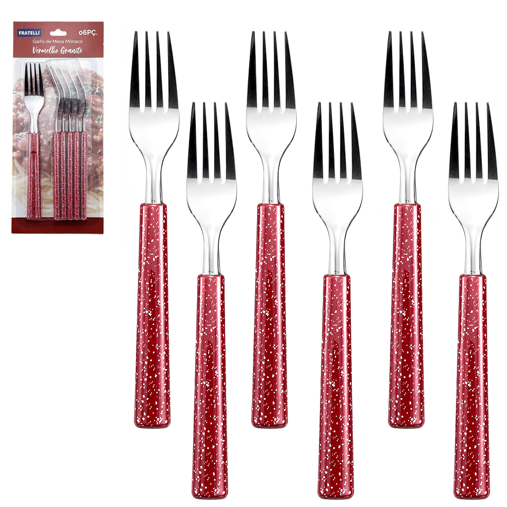 GARFO DE MESA DE INOX CABO PLASTICO MONACO VERMELHO GRANITE COM 6 PECAS 19CM