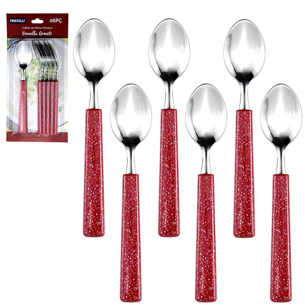COLHER DE MESA DE INOX CABO PLASTICO MONACO VERMELHO GRANITE COM 6 PECAS 19CM