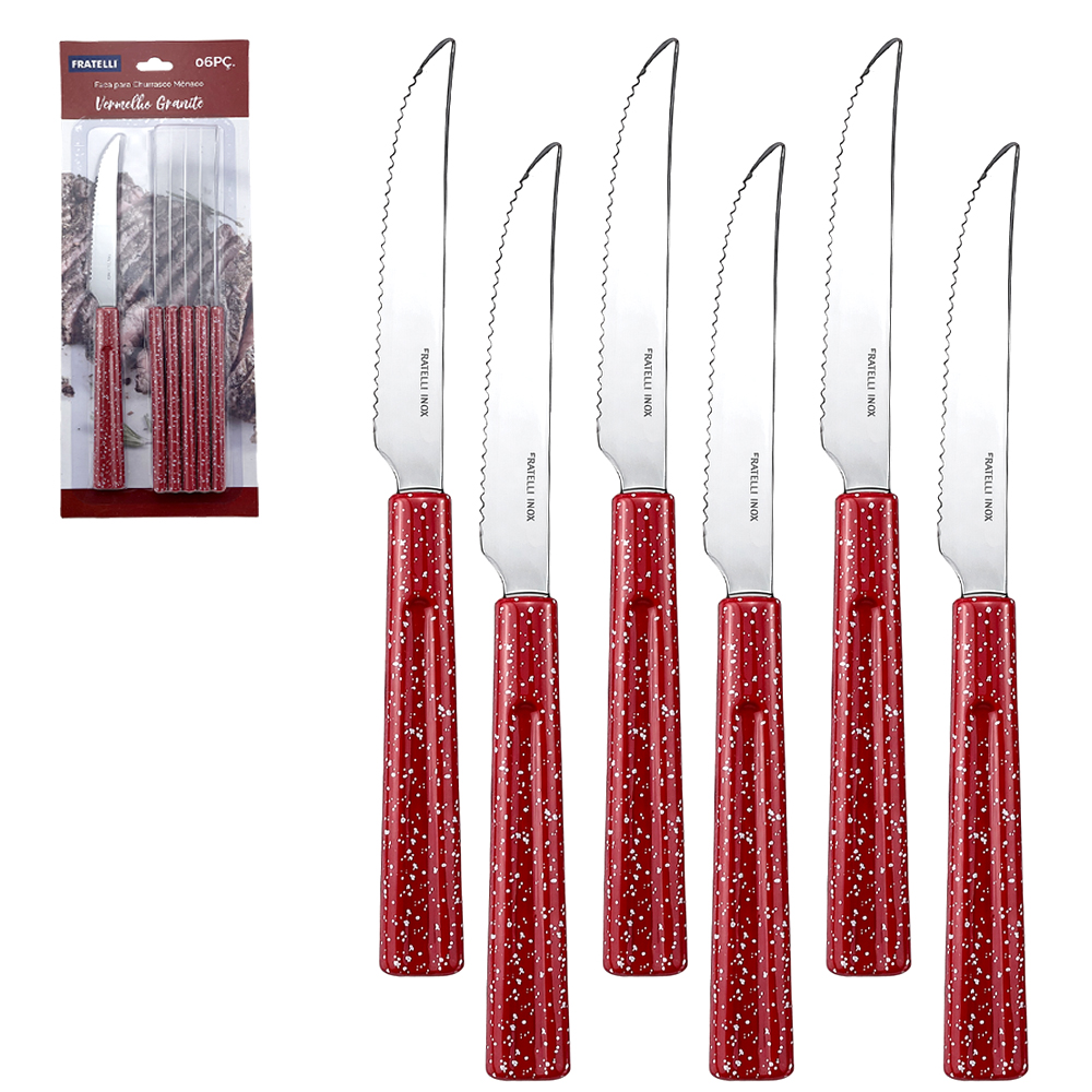 FACA DE MESA DE INOX CABO PLASTICO MONACO VERMELHO GRANITE COM 6 PECAS 21,5CM