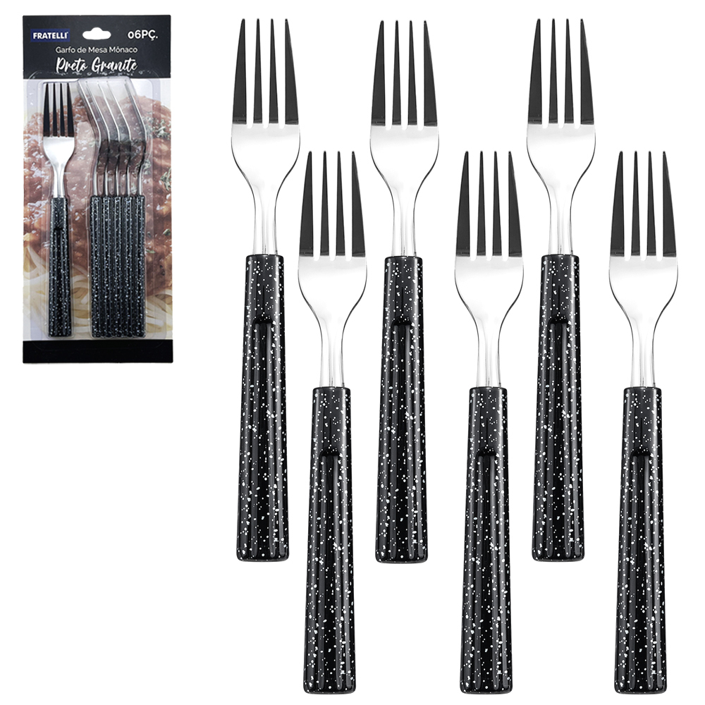 GARFO DE MESA DE INOX CABO PLASTICO MONACO PRETO GRANITE COM 6 PECAS 19CM